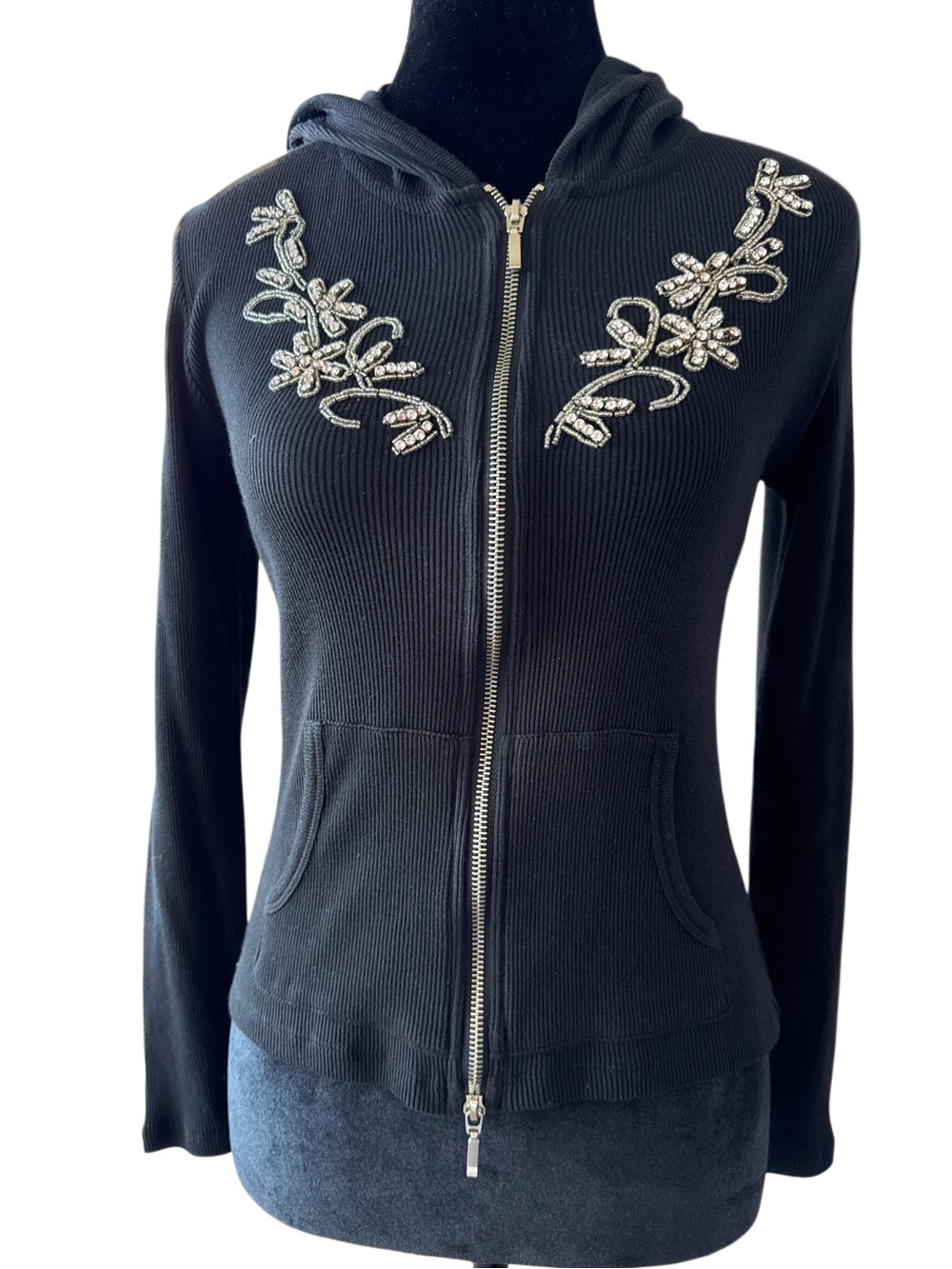 Romeo & Juliet Couture Y2K Black Crystal Embellished Ribbed Hoodie L -NWOT